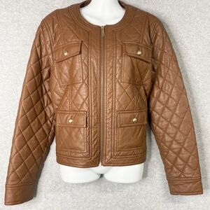 Tommy Hilfiger Faux Leather Jacket Brown Collarless Biker Zip Gold Buttons Sz LG